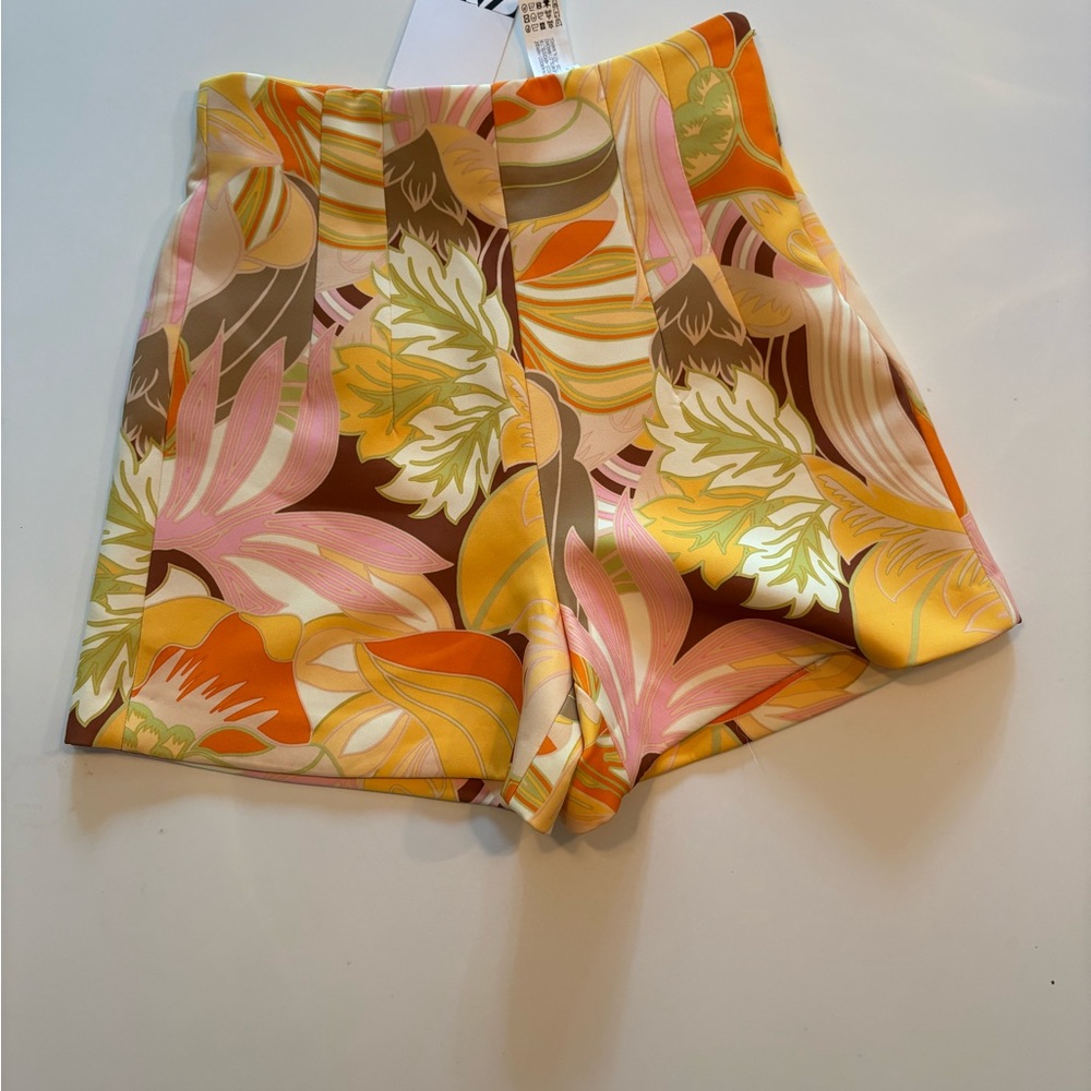 Zara High Waist Floral Shorts - Yellow, Pink, Brown
